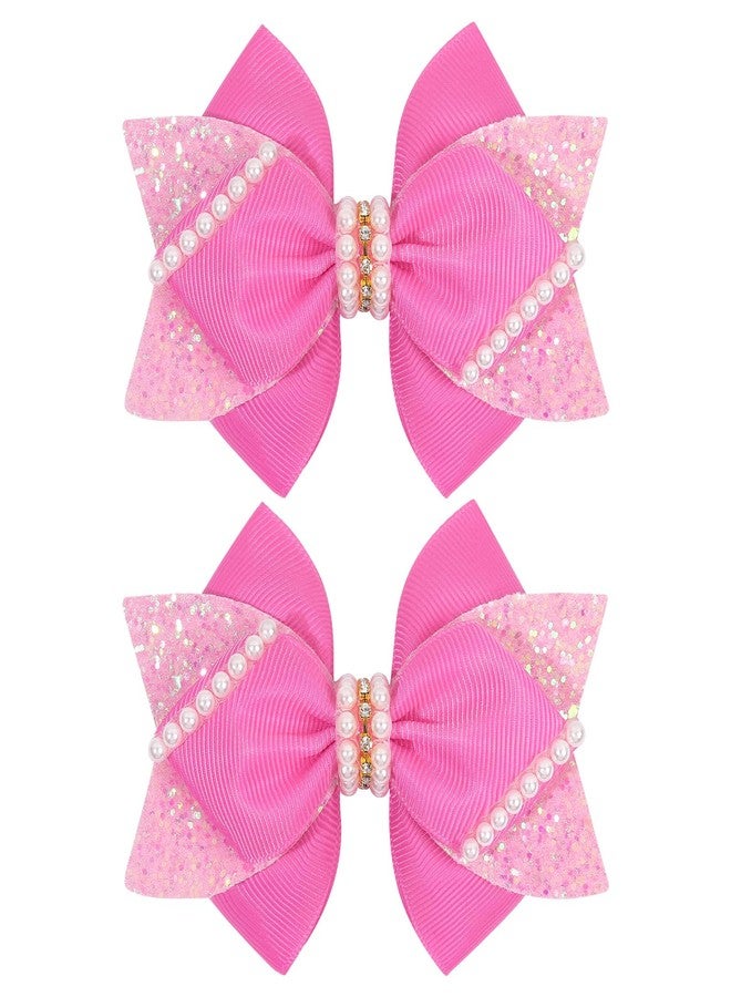 مشابك شعر لامعة مزينة بترتر لامع مقاس 4 بوصات، دبابيس شعر على شكل فيونكة من اللؤلؤ لحفلات الزفاف، مناسبة للمراهقات والأطفال الصغار، إكسسوار لتزيين فساتين حفلات أعياد ميلاد الفتيات المشجعات (وردي) - Image 1